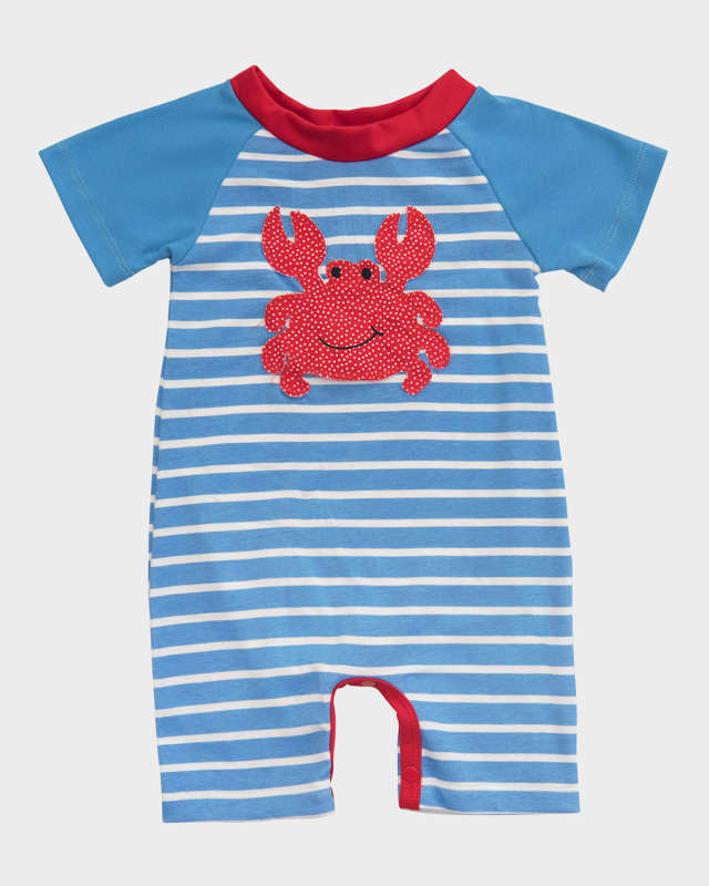 Boy's Beach Camp Crab Patch Striped Playsuit, Size Newborn-